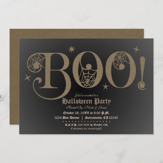BOO Brown Rustic Elegant Halloween Costume Party Kaart (Voorkant / Achterkant)