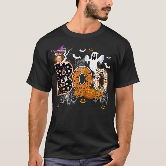 Boo Creepy Owl Witch Pumpkin Ghost Halloween Men W T-shirt (Voorkant)