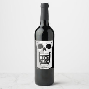 Boo Crew Eenvoudige Schedel Halloween Zwart en Wit Wijn Etiket