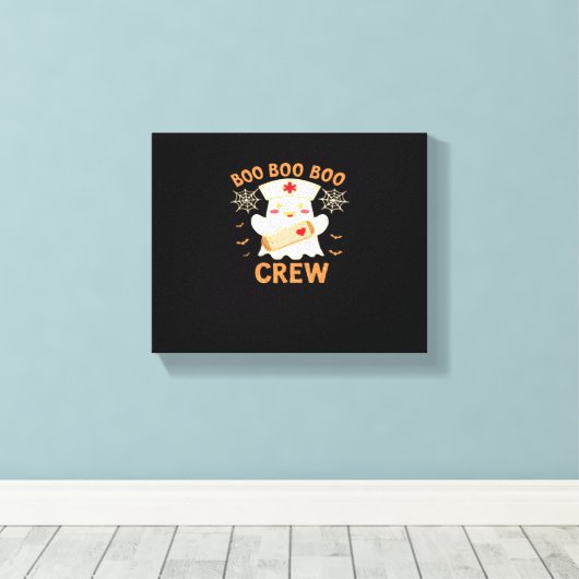 Boo Crew Funny Ghost Spooky Halloween Nurse T-Shir Canvas Afdruk (Insitu (Houten vloer))