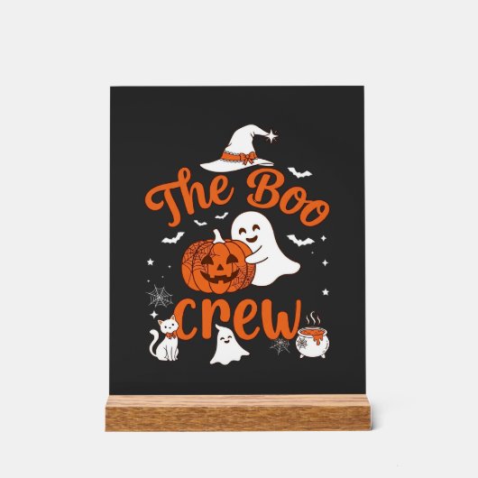 Boo Crew Geest Pompoen Witte Kat Heksenhoed Acryl Bord (Voorkant)