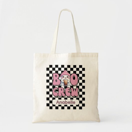Boo Crew Pink Ghost met Iced Coffee Gepersonalisee Tote Bag (Voorkant)