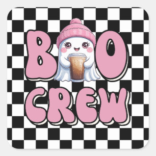 Boo Crew Pink Ghost met Iced Coffee Gepersonalisee Vierkante Sticker