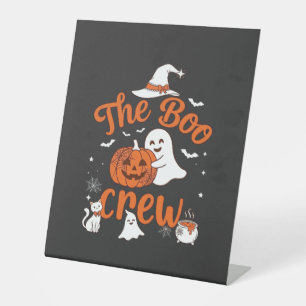 Boo Crew Spook Pompoen Witte Kat Heksenhoed Reclamebord Met Voetstuk