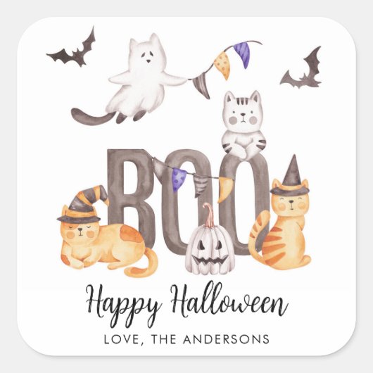Boo Cute Happy Halloween Cats Ghosts Kind Party Vierkante Sticker (Voorkant)
