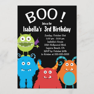 Boo Cute Monsters Kids Birthday Party Invision Kaart