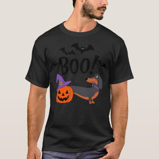 Boo! Dachshund Dog Spooky Pumpkin Witch Hat Fun Ha T-shirt (Voorkant)