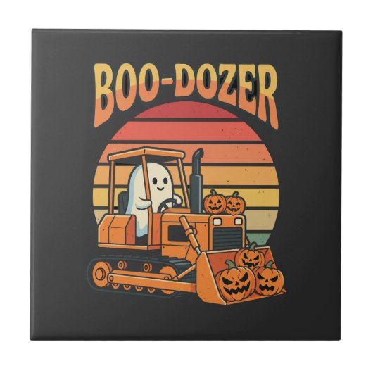 Boo-Dozer Halloween Geest Pompoen Bulldozer Tegeltje (Voorkant)