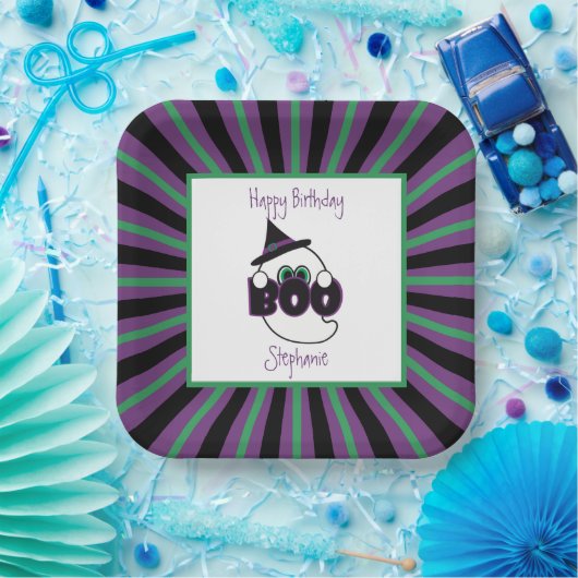 Boo Ghost Paars, Black en Green Birthday Papieren Bordje (Feest)