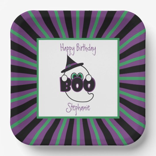 Boo Ghost Paars, Black en Green Birthday Papieren Bordje (Voorkant)