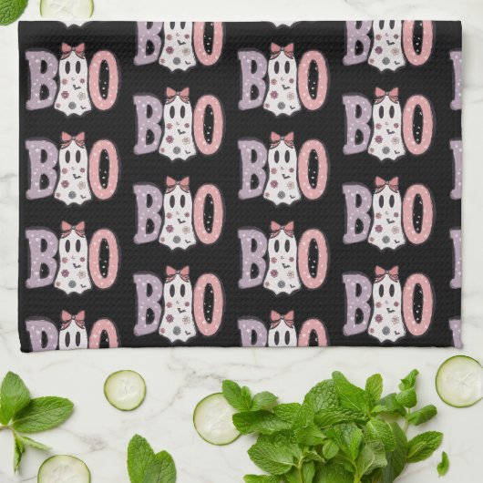 Boo Ghost Paarse Roze Schattige Zwart Halloween Theedoek (Gevouwen)