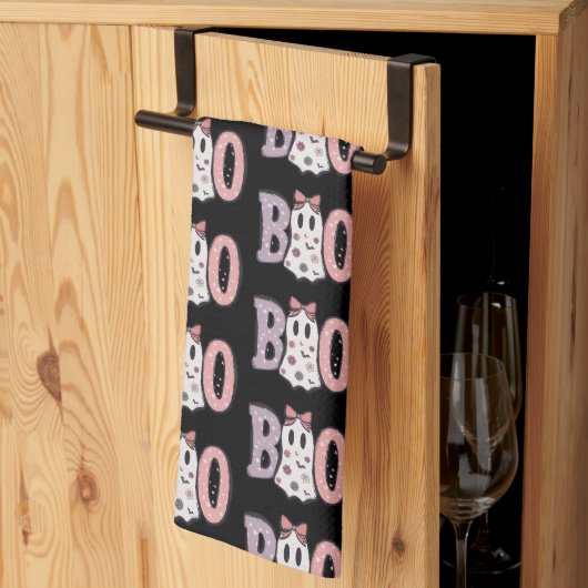 Boo Ghost Paarse Roze Schattige Zwart Halloween Theedoek (Derde Gevouwen)