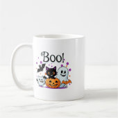 Boo Ghost Pumpkin Cat en vleermuizen Halloween Gra Koffiemok (Links)