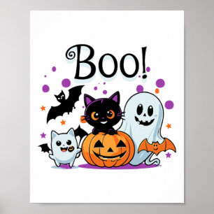 Boo Ghost Pumpkin Cat en vleermuizen Halloween Gra Poster