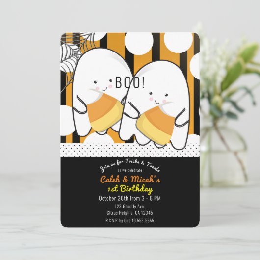 Boo Ghost Twin Boys Halloween 1e verjaardagsfeest Kaart (Staand voorkant)