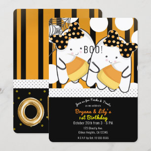 Boo Ghost Twin Meisjes Halloween 1e Verjaardagsfee Kaart