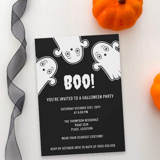 Boo Ghosts Spooky Zwart Wit Halloween Party Kaart