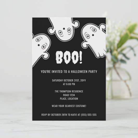 Boo Ghosts Spooky Zwart Wit Halloween Party Kaart (Staand voorkant)