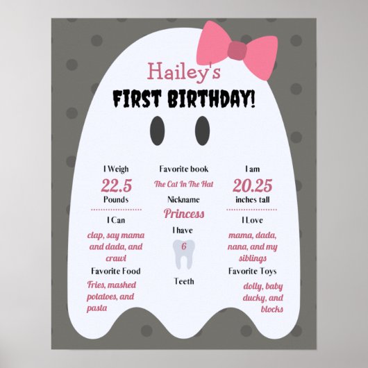 Boo. Girls Halloween 1st Birthday Milestone Poster (Voorkant)