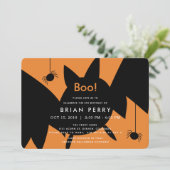 Boo. Halloween Bat & Spiders Birthday Invitation Kaart (Staand voorkant)