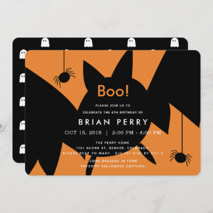 Boo. Halloween Bat & Spiders Birthday Invitation Kaart