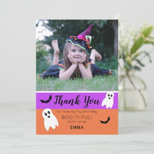 Boo Halloween Birthday Ghost Foto Bedankkaart (Staand voorkant)