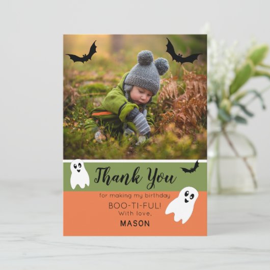 Boo Halloween Birthday Ghost Foto Bedankkaart (Staand voorkant)