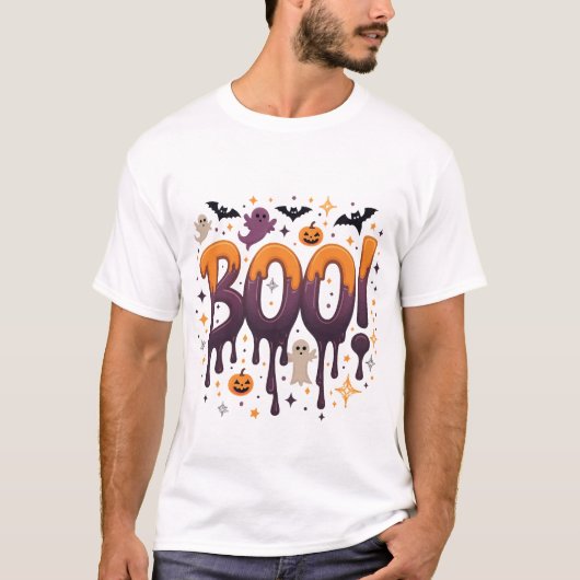 BOO Halloween Dripping Letters met geesten, vleerm T-shirt (Voorkant)