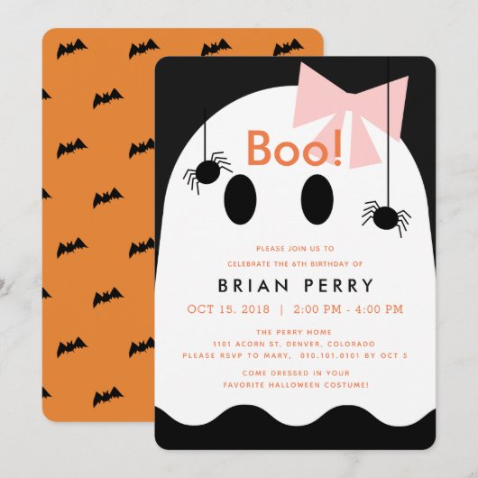 Boo. Halloween Ghost Girl Cute Birthday Invitation Kaart (Voorkant / Achterkant)