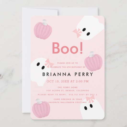 Boo. Halloween Ghost Girl Pumpkin Pink Birthday Kaart (Voorkant)