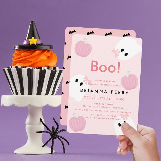 Boo. Halloween Ghost Girl Pumpkin Pink Birthday Kaart