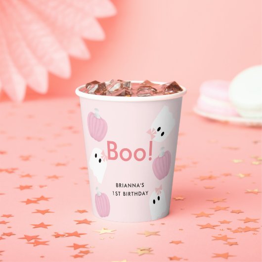 Boo. Halloween Ghost Girl Pumpkin Pink Birthday Papieren Bekers (Insitu)