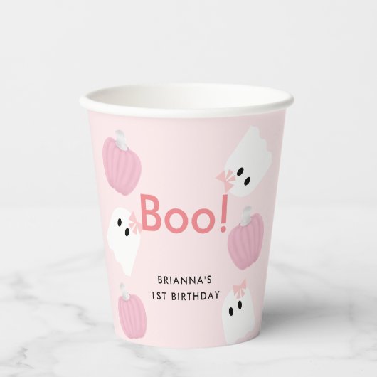 Boo. Halloween Ghost Girl Pumpkin Pink Birthday Papieren Bekers (Voorkant)