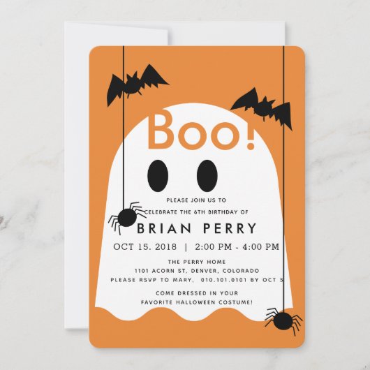 Boo. Halloween Ghost Oranje Birthday Invitation Kaart (Voorkant)