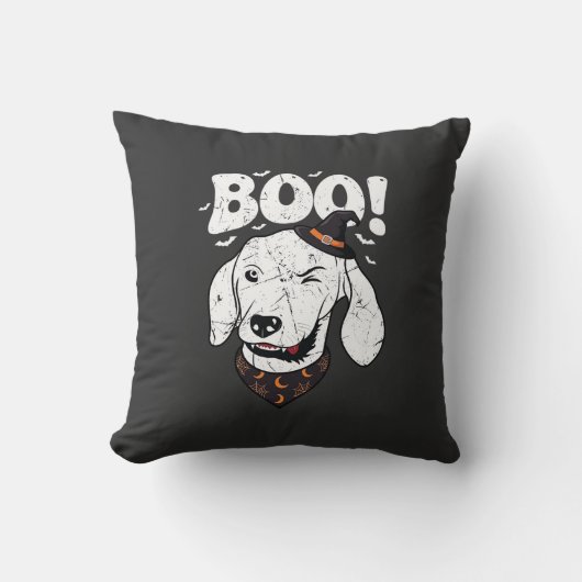 Boo Halloween Hond Heksenhoed Vleermuizen Kussen (Voorkant)