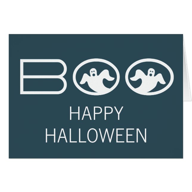Boo Halloween Kaart, blauw en wit (Voorkant Horizontaal)