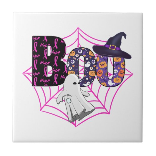 Boo Halloween Oktober Roze Tegeltje (Voorkant)