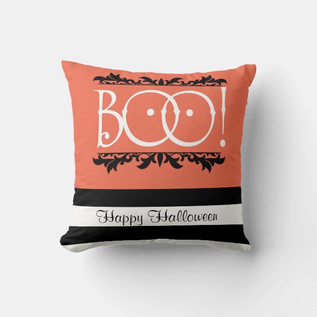 Boo! Halloween Oranje & Zwart Wit Gestreepte Chic Kussen (Voorkant)