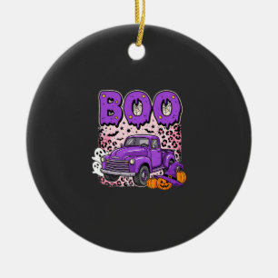 Boo Halloween Paarse Truck Geest en Pompoenen Desi Keramisch Ornament
