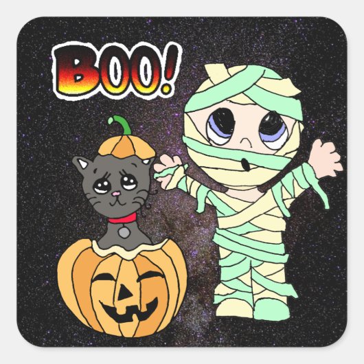 Boo Halloween Zwarte Kat in Pompoen en Mummy Vierkante Sticker (Voorkant)