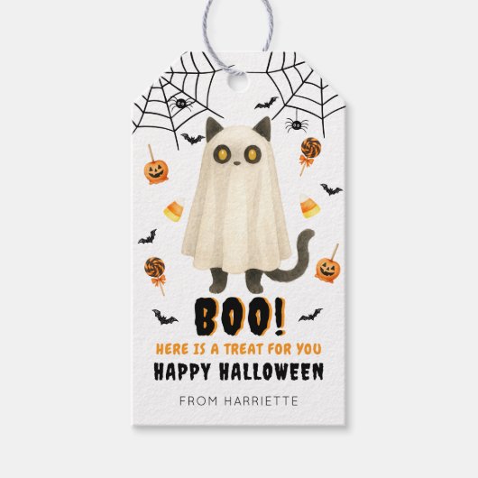 Boo Happy Halloween Ghost Cat Gift Labels Cadeaulabel (Voorkant)