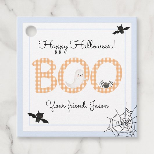 BOO Happy Halloween Gingham Oranje Blue Spooky Bedankjes Labels (Voorkant)