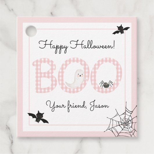 BOO Happy Halloween Gingham Pink Girl Spooky Bedankjes Labels (Voorkant)