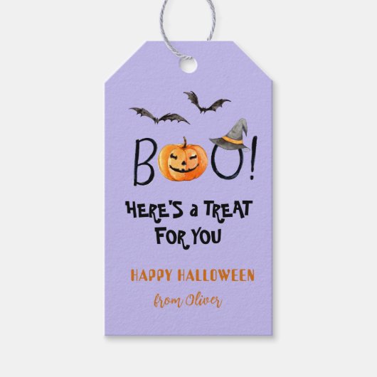 BOO Happy Halloween pompoen trakteert Paarse Cadeaulabel (Voorkant)
