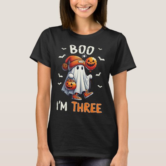 Boo Ik ben Drie Spook 3e Verjaardag Halloween Boy T-shirt (Voorkant)