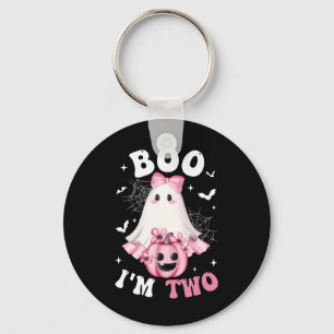 Boo ik ben twee 2e verjaardag meisje roze boog pom sleutelhanger