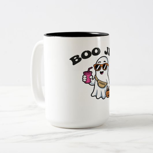BOO-JEE Ghost – Funny Boujee Halloween Design Tweekleurige Koffiemok (Voorkant links)