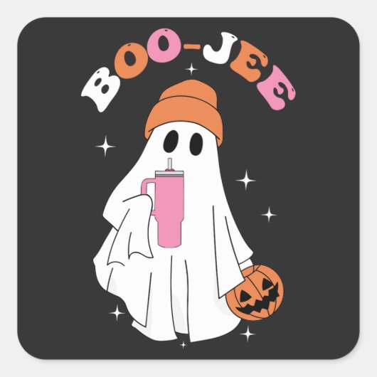 BOO JEE Grappige Halloween Geest Koffie Pompoen Vierkante Sticker (Voorkant)