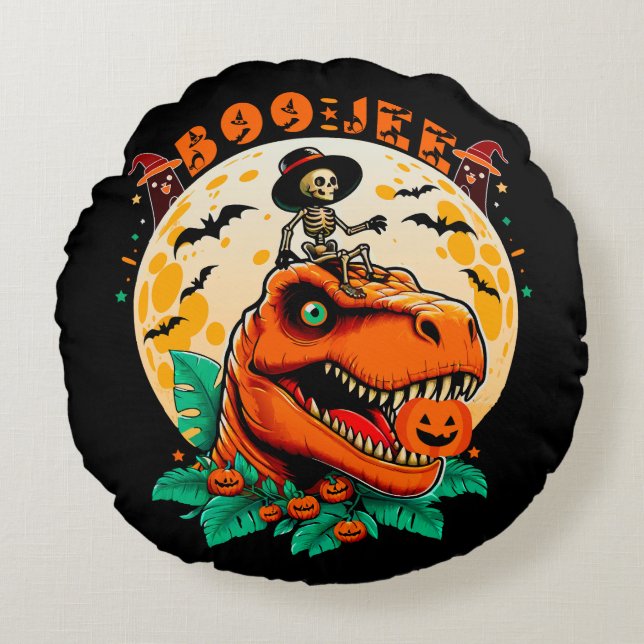 BOO-Jee Halloween: T-Rex & Skeleton Fun Design! Rond Kussen (Voorkant)