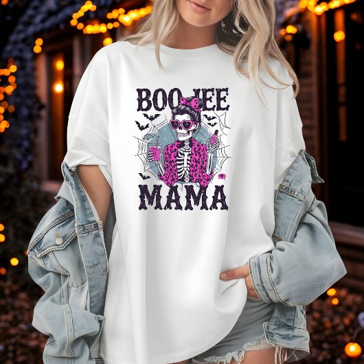 Boo-Jee Mama Skelet in Pink Fur Halloween Design T-shirt
